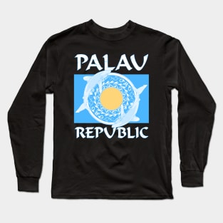 Palau Republic Flag with Oceanic Whitetip Sharks Long Sleeve T-Shirt